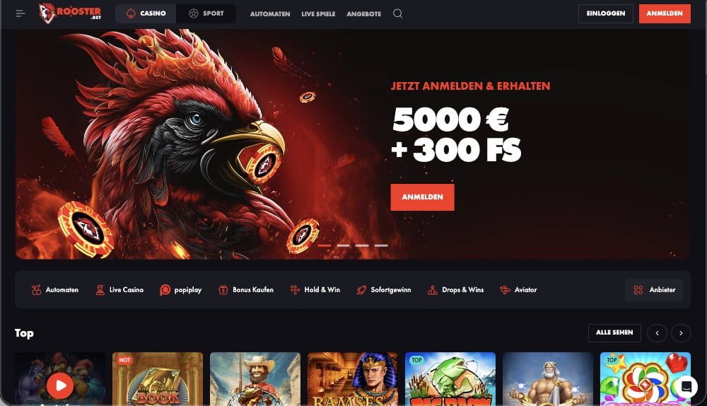 RoosterBet Casino Hauptbildschirm
