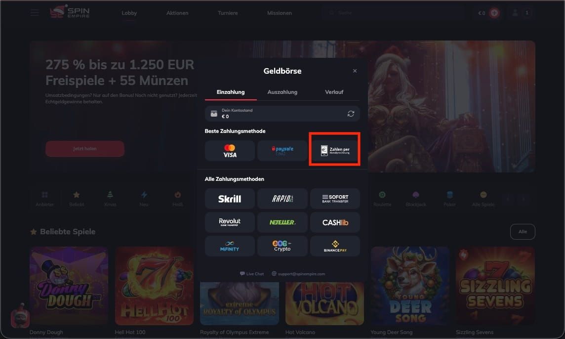 Drei ist eine Zahlungsmethode in Ihrem SpinEmpire-Casino-Konto.