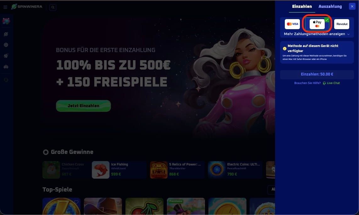 Apple Pay ist eine Zahlungsmethode in Ihrem SpinWinera-Casino-Konto.