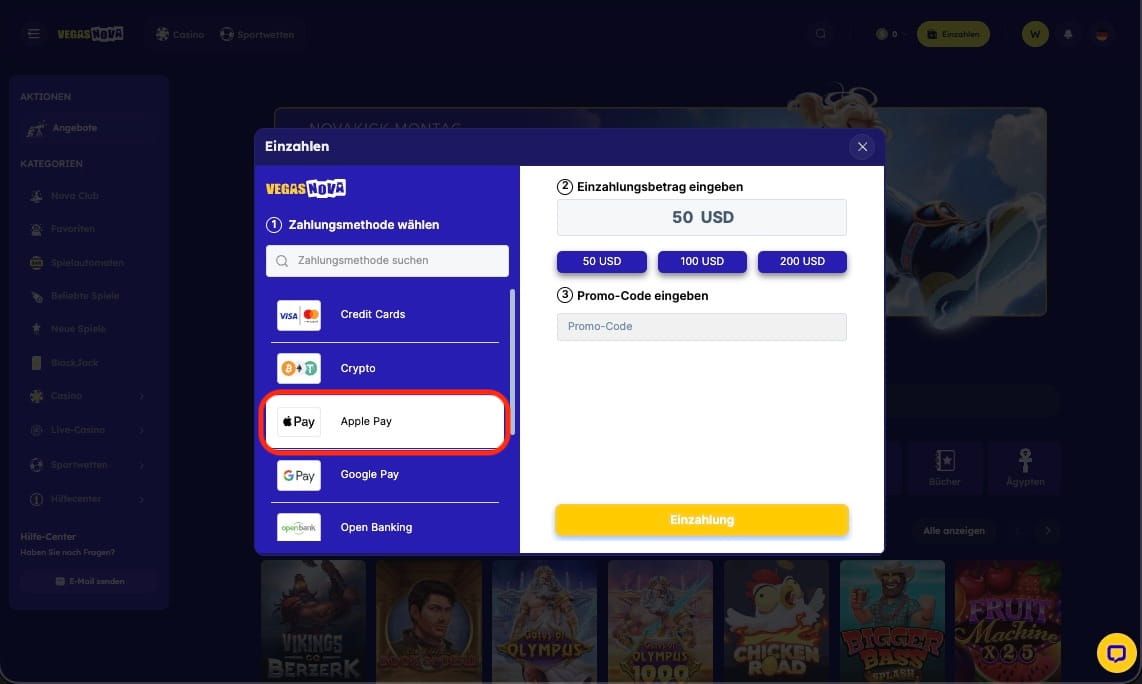 Apple Pay ist eine Zahlungsmethode in Ihrem Vegas Nova-Casino-Konto.