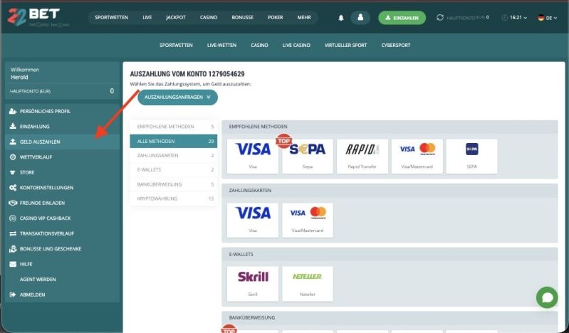 Navigiere zur Kasse und w&auml;hle &bdquo;Auszahlung&ldquo;