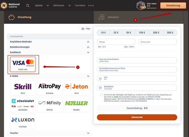 Visa Einzahlung Schritte 3-4