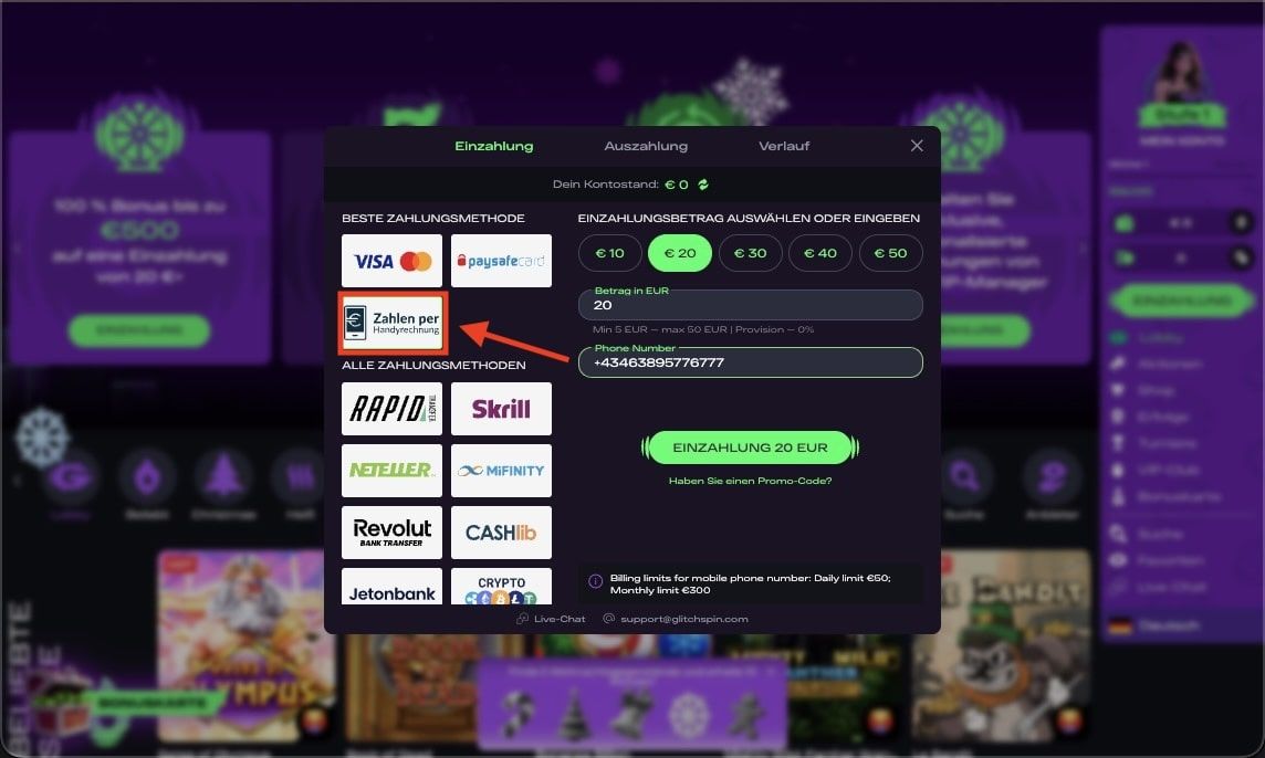 Drei ist eine Zahlungsmethode in Ihrem GlitchSpin-Casino-Konto.