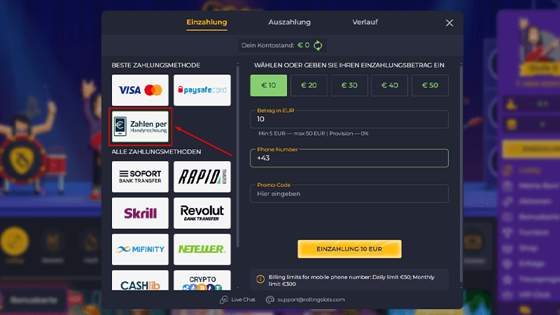 Handyrechnung ist eine Zahlungsmethode in Ihrem Rolling Slots-Casino-Konto.